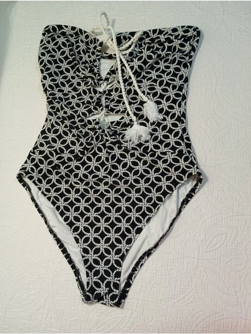 Michael Kors Black & White Rope Print One-Piece Swimsuit Sz 12 Tassel Tie Front